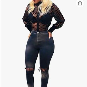 Women's Button Down Shirt Polka Dots Sheer See Through Long Sleeve Blouse XL